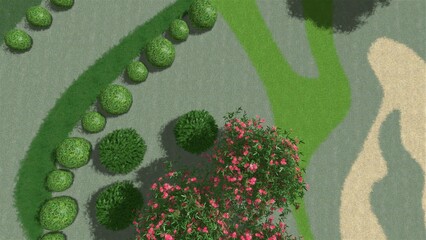 3D illustration of modern landscape architecture. Background computer rendering of landscape design. Contrasting composition of different lawn surfaces in smooth lines.