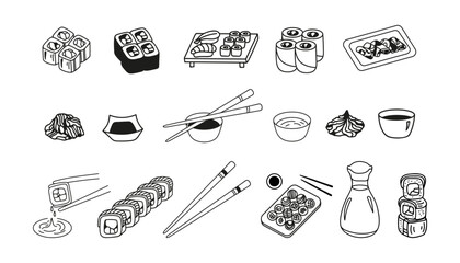 Japanese sushi roll set in hand drawn doodle style. Asian food for restaurants menu