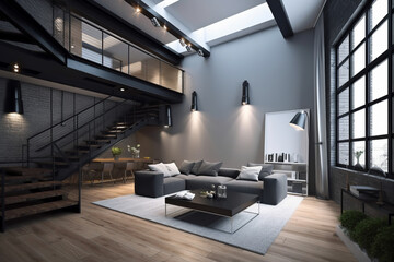 Modern interior design, a big loft space. Generative AI