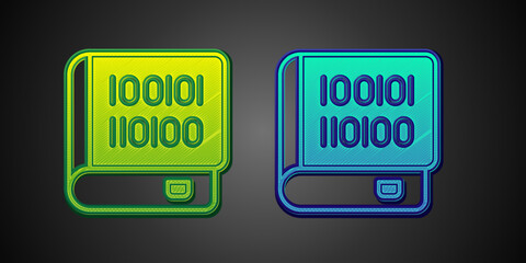Green and blue Books about programming icon isolated on black background. Programming language concept. PHP, CSS, XML, HTML, Javascript learning. Vector
