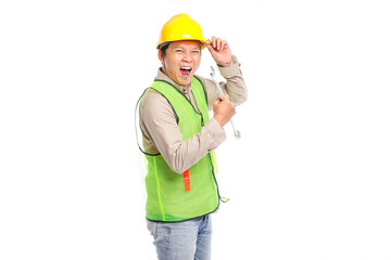 Portrait of young Asian male engineer worker in personal protective uniform helmet holding tools isolated on white background