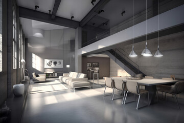 Fototapeta na wymiar Modern interior design, a big loft space. Generative AI