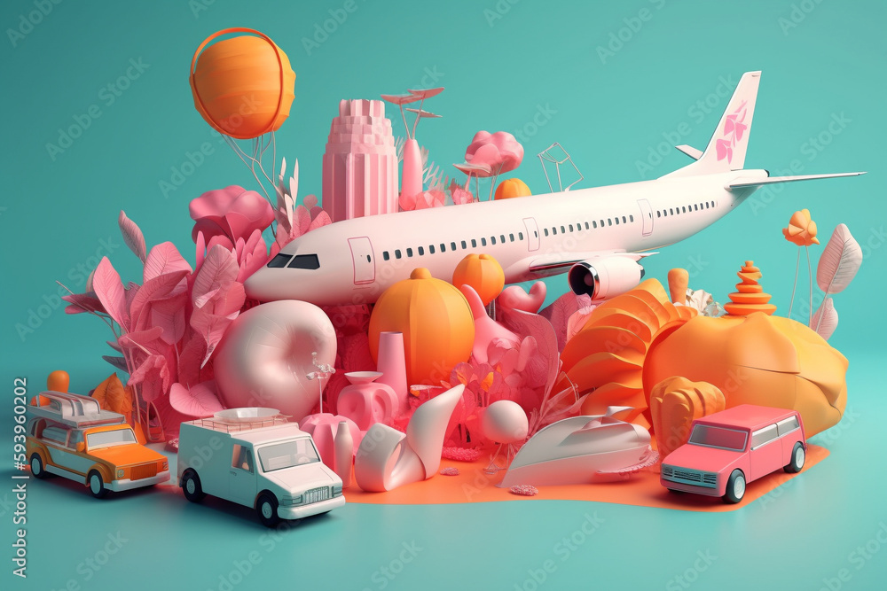 Poster travelling in summer - colorful conceptual 3d rendering illustration. generative ai