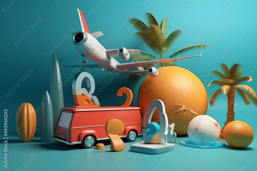 Poster travelling in summer - colorful conceptual 3d rendering illustration. generative ai