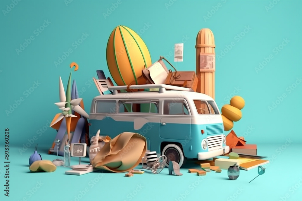Poster travelling in summer - colorful conceptual 3d rendering illustration. generative ai