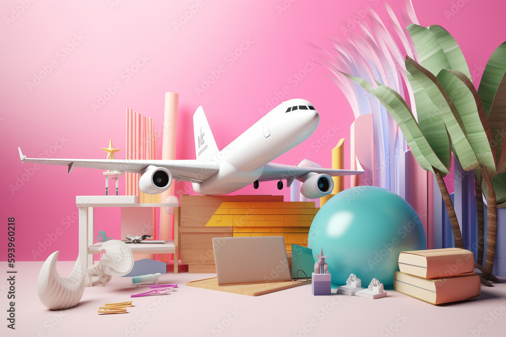 Poster travelling in summer - colorful conceptual 3d rendering illustration. generative ai