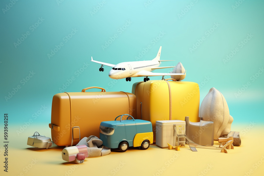 Poster travelling in summer - colorful conceptual 3d rendering illustration. generative ai