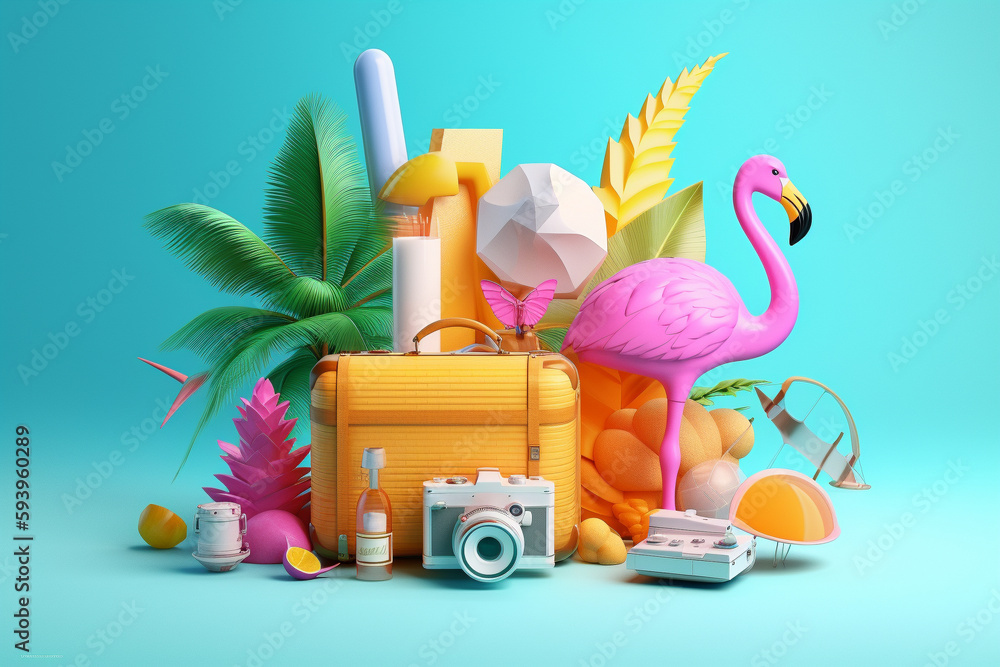 Poster travelling in summer - colorful conceptual 3d rendering illustration. generative ai