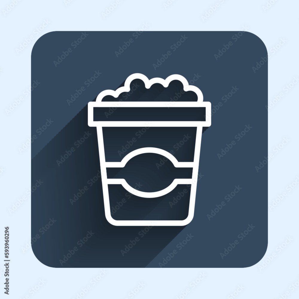 Poster white line popcorn in cardboard box icon isolated with long shadow background. popcorn bucket box. b