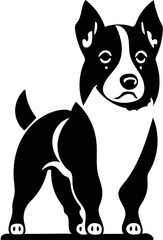 Black and white vector illustration of a cute dog, silhouette drawing, logo design 