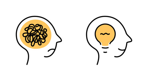 Head with lightbulb and chaos line icon. Concept of new idea illustration