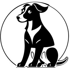 Black and white vector illustration of a cute dog, silhouette drawing, logo design 