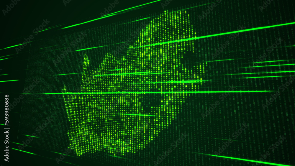 Poster abstract futuristic green shinny binary digital number mosaic grid map of south africa perspective v