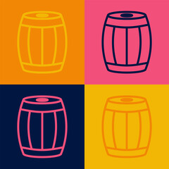 Pop art line Wooden barrel icon isolated on color background. Alcohol barrel, drink container, wooden keg for beer, whiskey, wine. Vector