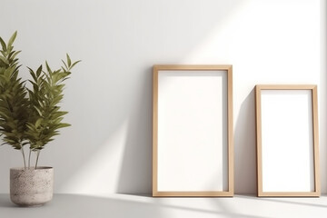 Empty frame on a simple wall. Interior design, poster artwork mockup. Generative AI