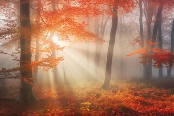 Misty foggy autumn forest landscape with sun rays in branches with orange colored leaves