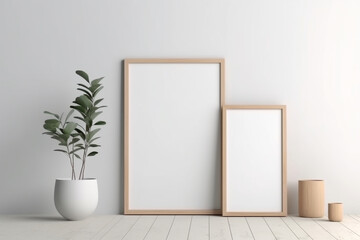 Fototapeta na wymiar Empty frame on a simple wall. Interior design, poster artwork mockup. Generative AI