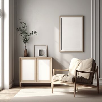 White living room design. View of modern scandinavian style interior with artwork mock up on wall	