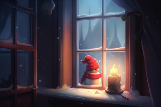 Illustration of a cute snoiwman in winter looking though the window of a house. Generative AI