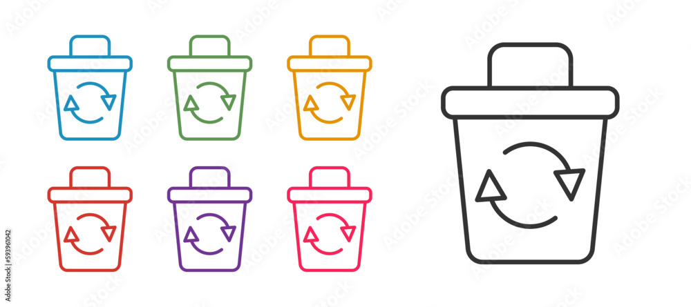 Poster set line recycle bin with recycle symbol icon isolated on white background. trash can icon. garbage 