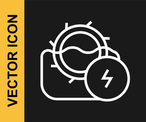 White line Water mill icon isolated on black background. Water wheel energy. Hydro power turbine wheel. Vector