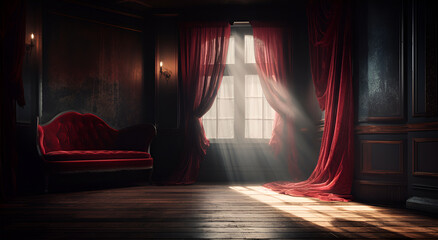 窓から光が射し込む赤いカーテンの部屋 | Generative AI