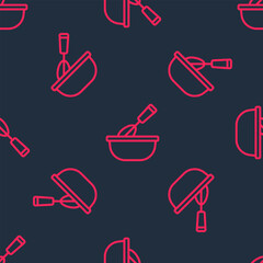 Red line Cooking whisk with bowl icon isolated seamless pattern on black background. Cooking utensil, egg beater. Cutlery sign. Food mix symbol. Vector