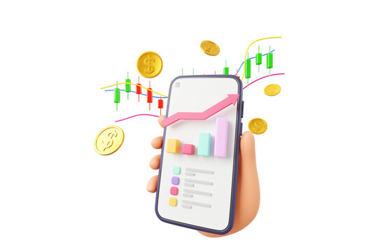 3D Cartoon hand holding smartphone using crypto trading graph symbol, investment stock market, 3D rendering illustration