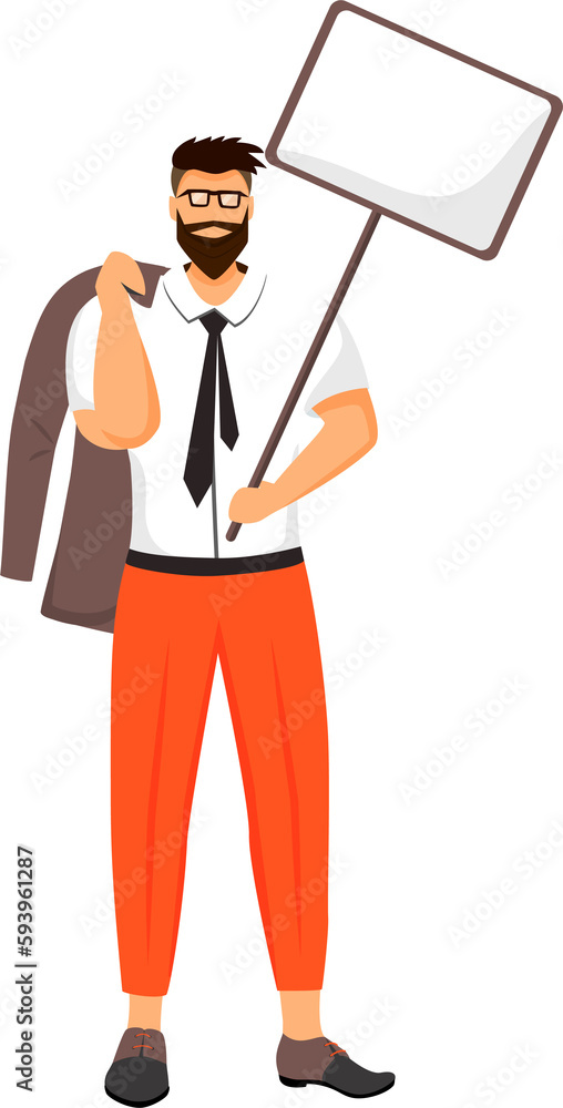 Poster man with empty slogan board semi flat color raster character. standing figure. full body person on w