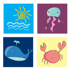 cute ocean and sea underwater life character set