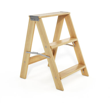 Wooden three step folding ladder. 3D illustration