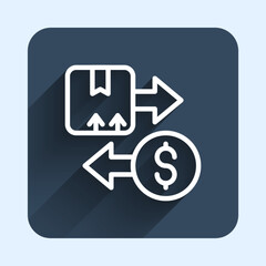 White line Tax carton cardboard box icon isolated with long shadow background. Box, package, parcel sign. Delivery and packaging. Blue square button. Vector