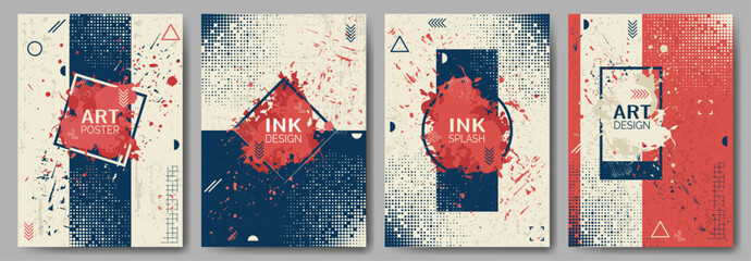 Set of abstract backgrounds. Hand-drawn posters in retro colors. A mess of ink strokes, splashes of paint. Frame for text. Cover design, postcard, magazine, poster, gift card. Vector illustration. © i_mARTy