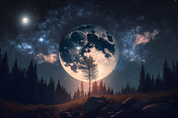 Fototapeta na wymiar summer night sky with stars and a full moon, Generative AI