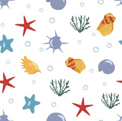 Seamless nautical drawing for print design. Sea shell pattern. Nautical pattern. White background.  