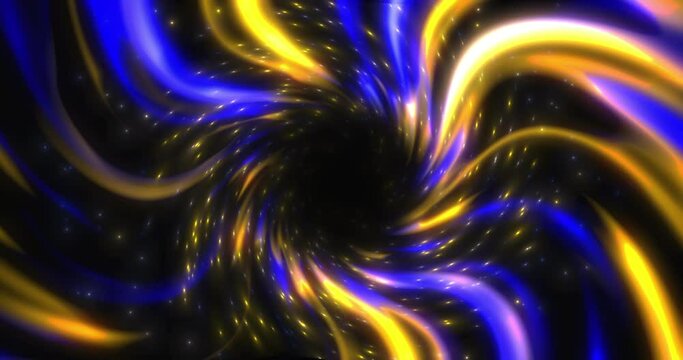 Animation of colored glowing curls flying from the center on a black background. Blue and yellow neon strips of light. Abstract background.