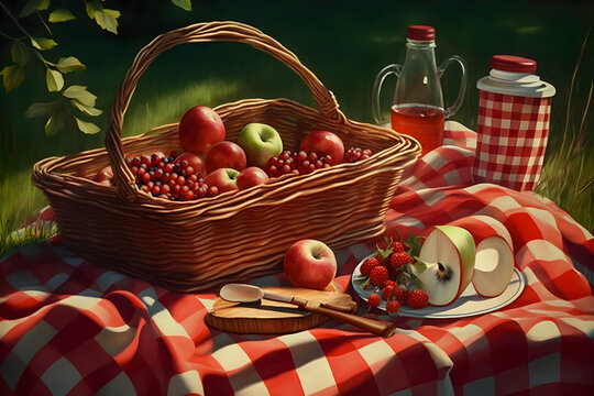 summer picnic with a red checkered blanket and a basket of fruit, Generative AI