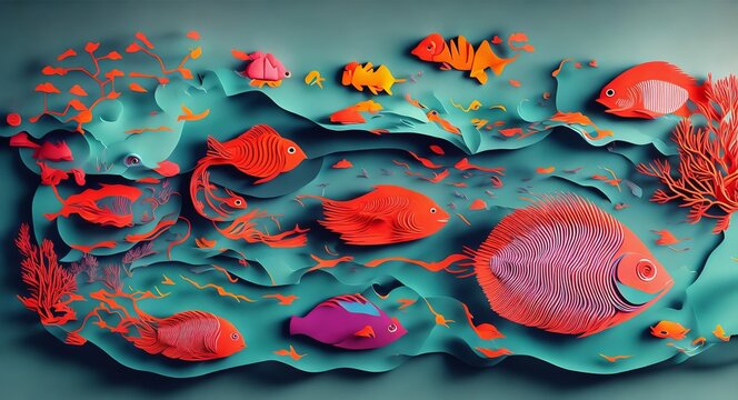 Paper Collage With Fish. AI Generation.