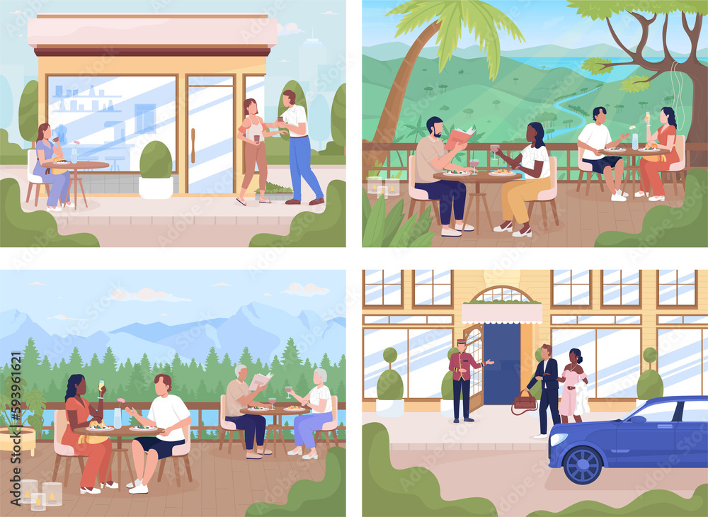 Poster people spending time in public places flat color raster illustrations set. 2d simple cartoon charact