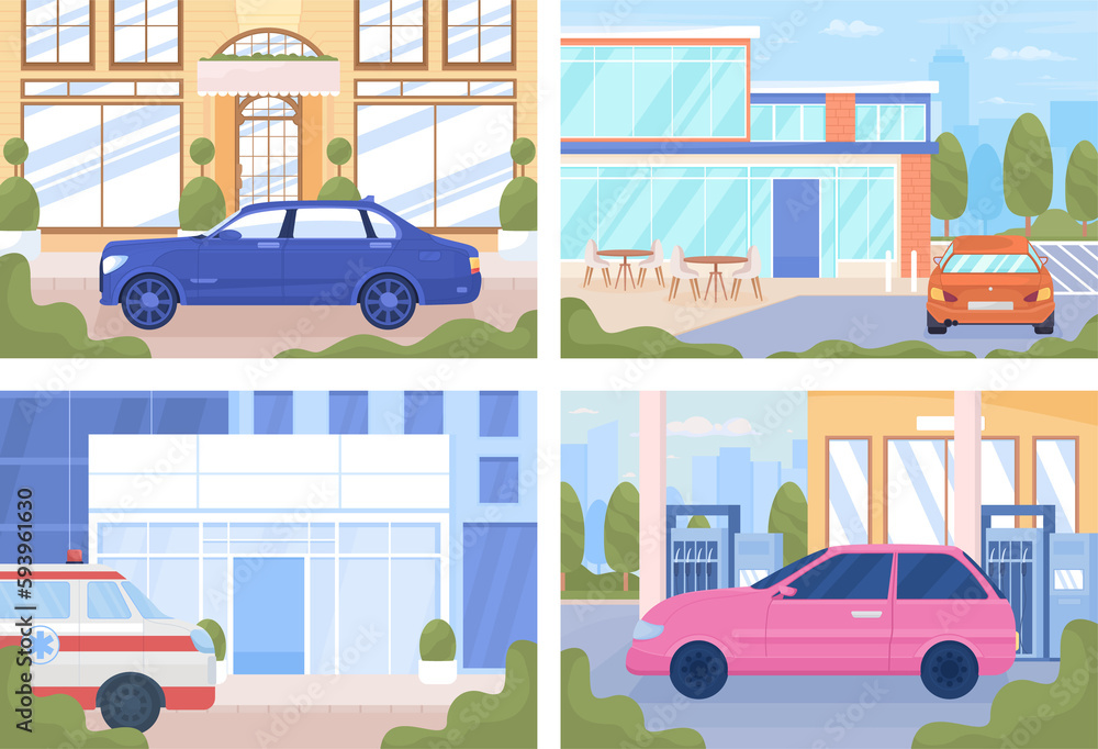 Poster urban infrastructure objects flat color raster illustrations set. 2d simple cartoon cityscapes with 