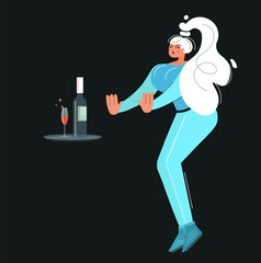 Vector character fitness beautiful girl standing refuses alcohol in a dark room. A sharp negative gesture towards wine. The blonde chooses a healthy lifestyle The concept of self-control health choice