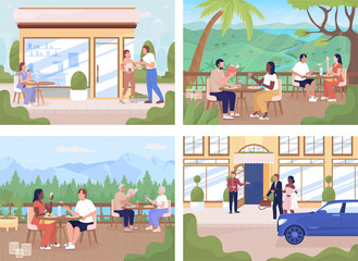 People spending time in public places flat color raster illustrations set. 2D simple cartoon characters with city view on background collection. Tapestry Regular, Recursive fonts used