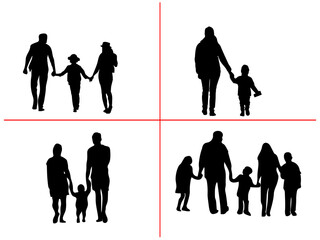 A walking family silhouette vector art, Happy family silhouette set. Black silhouettes of families in walk, vector. Black silhouette family walking on a white background.