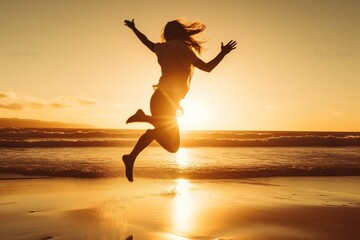 Obraz na płótnie Canvas Celebrating life. People jumping on the beach. Sun and sea background. 