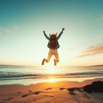 Celebrating life. People jumping on the beach. Sun and sea background. 