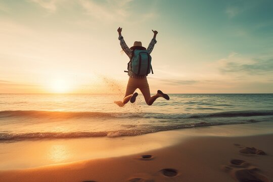 Celebrating life. People jumping on the beach. Sun and sea background. 