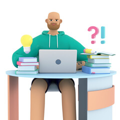 Handsome beard man studying at home and doing homework. Concept of e-learning, online education at home. Idea and question Icons. 3d render illustration.