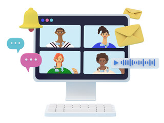 Web Video Conference , online meeting  and web communication concept.  Group of people talking with teamlead. Learning, deciding business tasks from home concept. 3d render illustration.