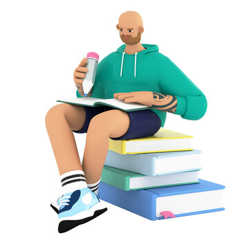 Man sitting on books studying writing on notebook, doing her homework. Handsome beard student is learning, reading her lecture. Educational and self-development concept. 3d render illustration.