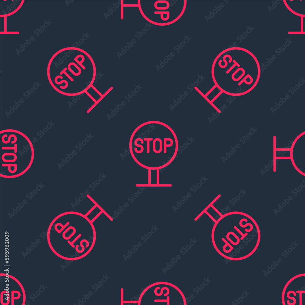 Poster red line stop sign icon isolated seamless pattern on black background. traffic regulatory warning st